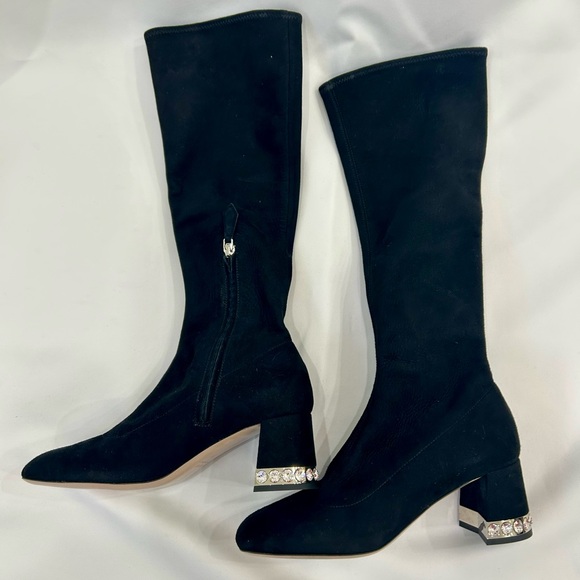 Miu Miu Black Knee-High Suede Boots with Crystal-Trim Block Heel - Picture 4 of 14